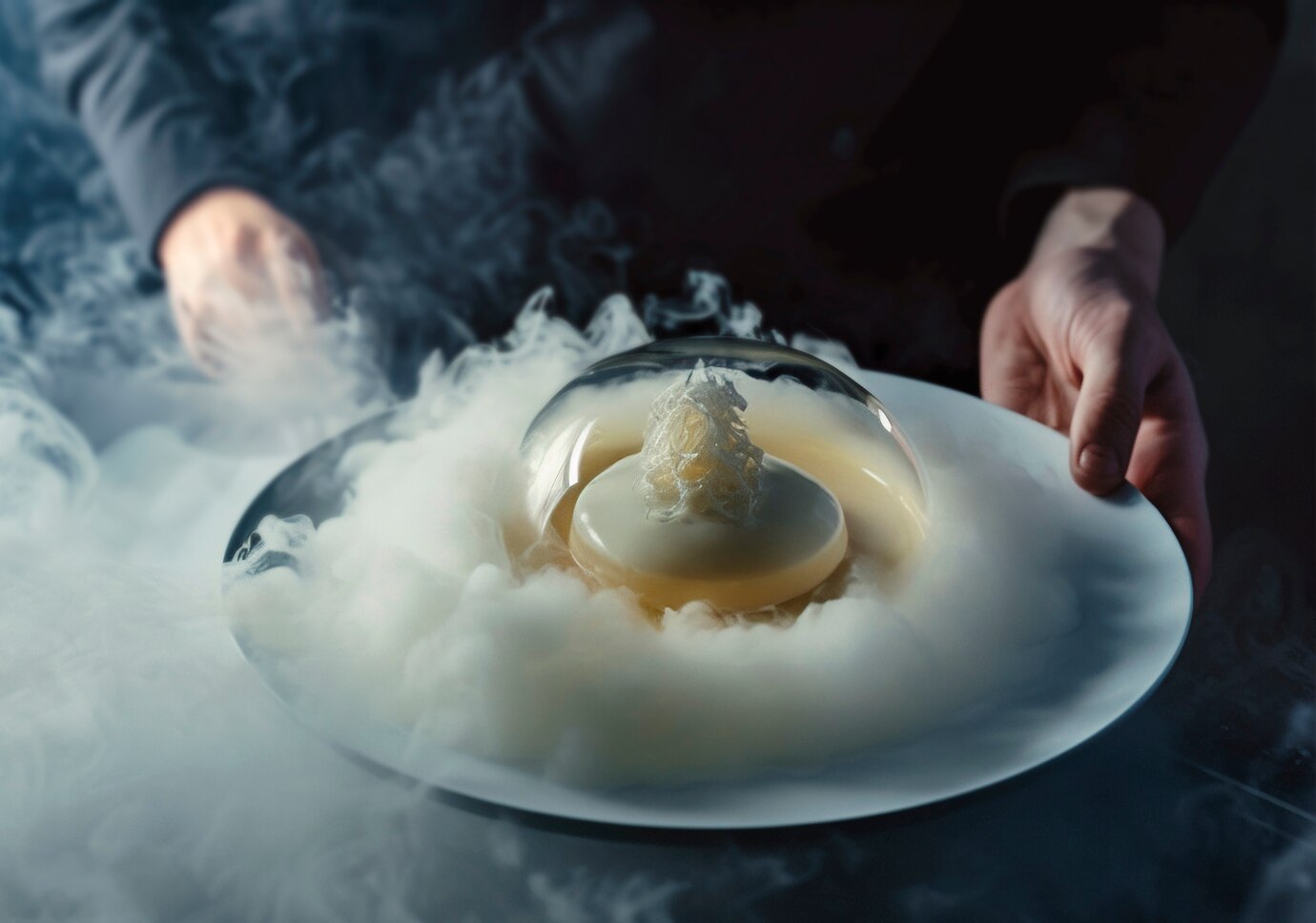 A delicate dessert under a glass dome surrounded by swirling white smoke