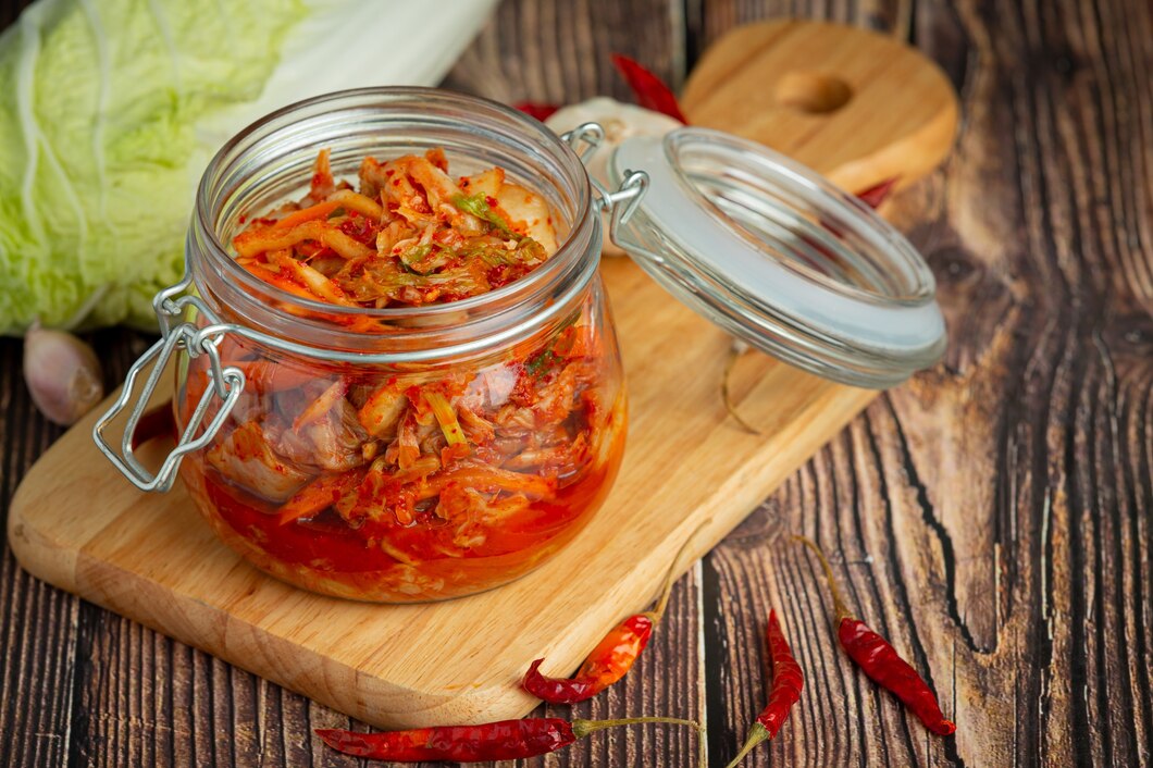 A jar of kimchi on a wooden cutting board, surrounded by red chili peppers and garlic, with a cabbage in the background.