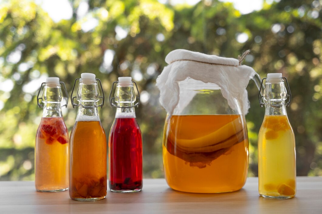 Four bottles of flavored drinks and a large jar of kombucha on a table, with a green, leafy background.