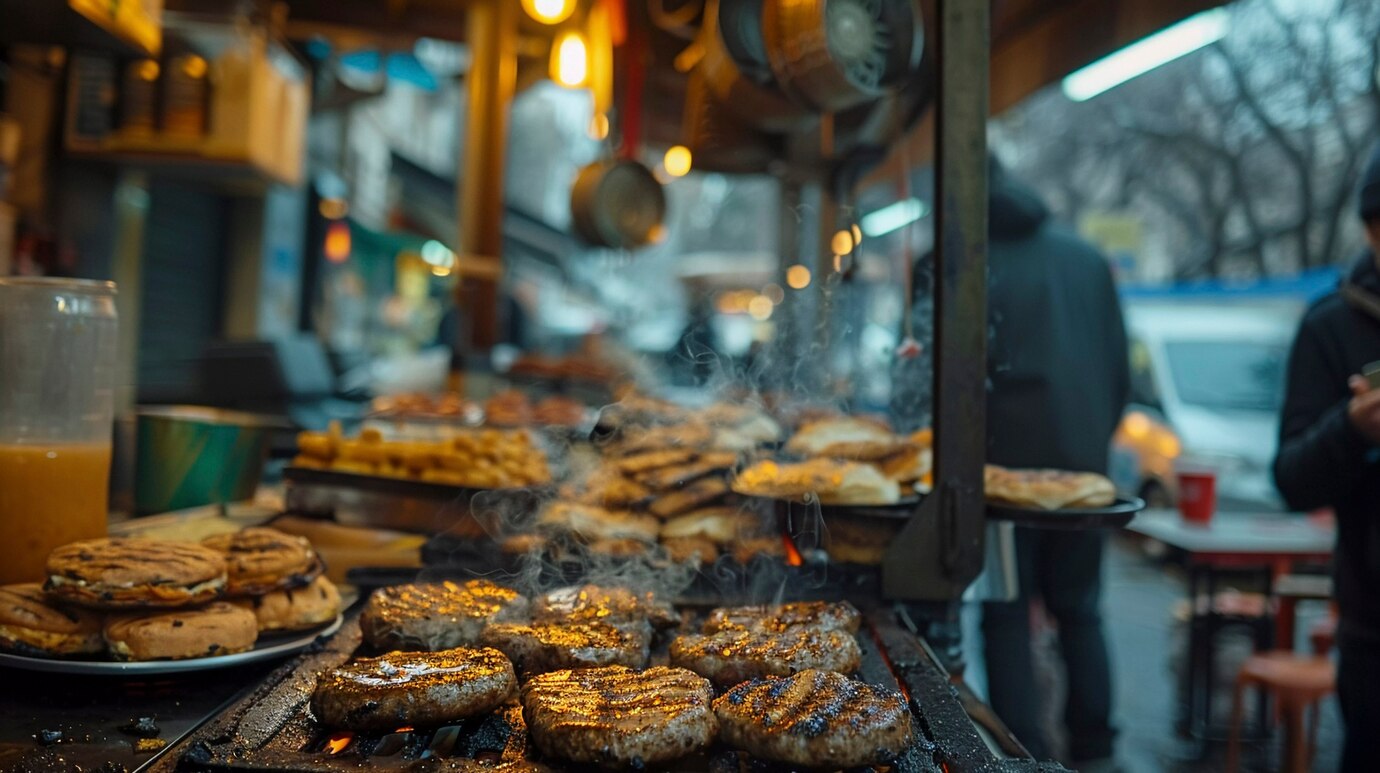 Steaming burgers on a grill at an outdoor street food market, with blurred customers and food stalls in the background.