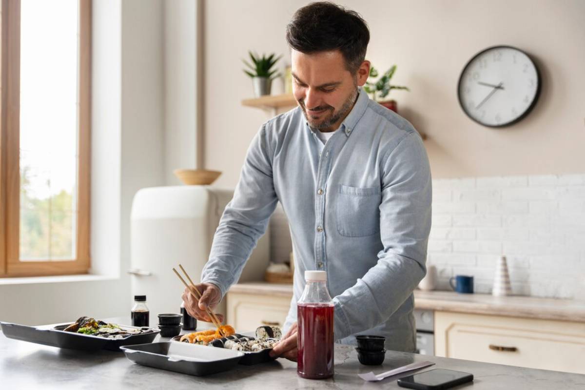 Man arranging various sushi dishes on trays in a modern kitchen.