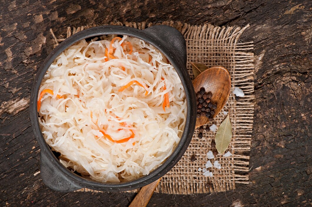 A bowl of homemade sauerkraut with shredded cabbage and carrots