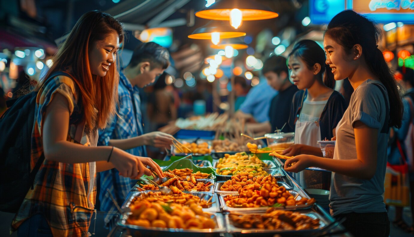 People selecting food at a vibrant night street market illuminated by hanging lamps.