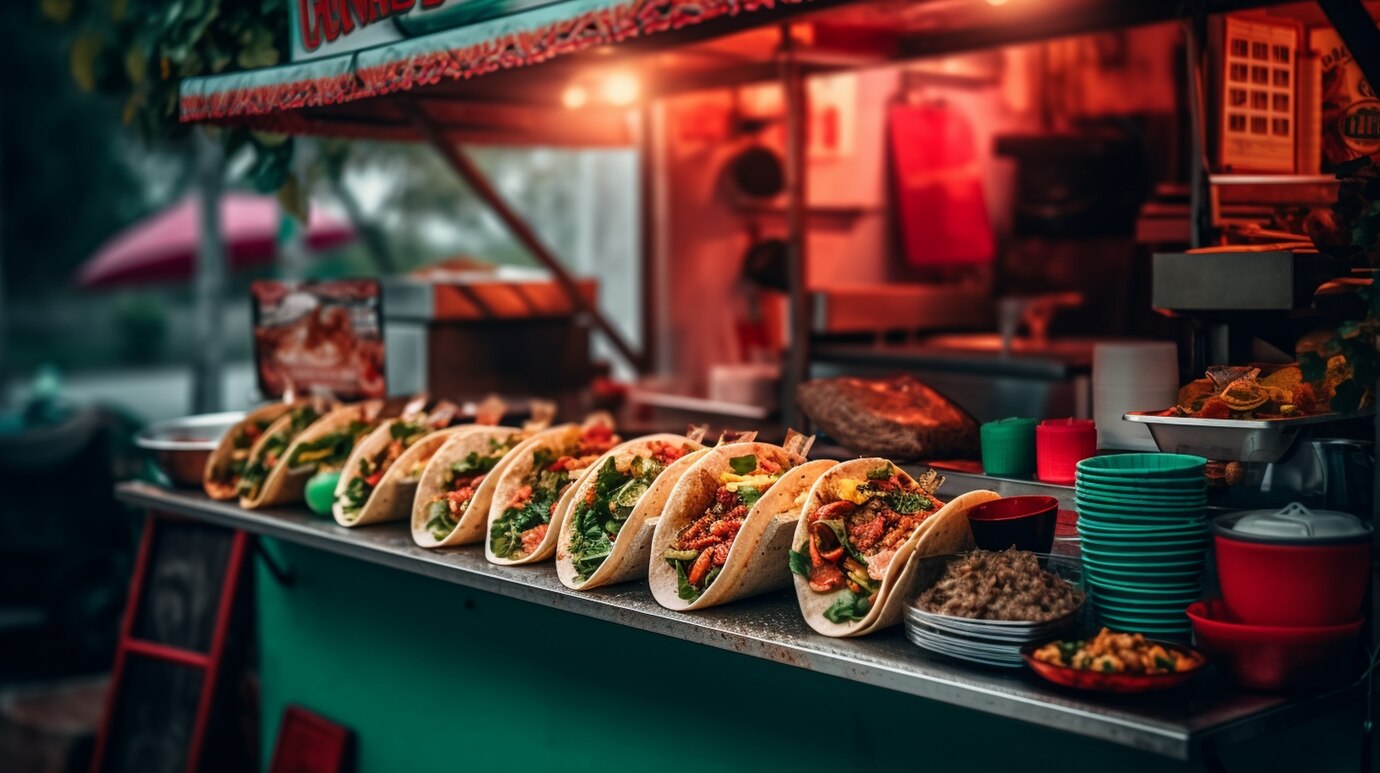 Street food vendor offering a variety of freshly made tacos on a bustling market stall.