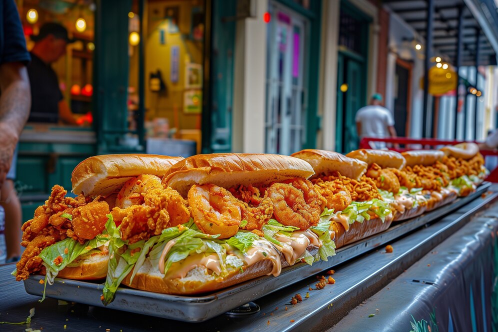 Large po' boy sandwiches filled with fried seafood and crispy toppings on a tray, in a vibrant street setting.