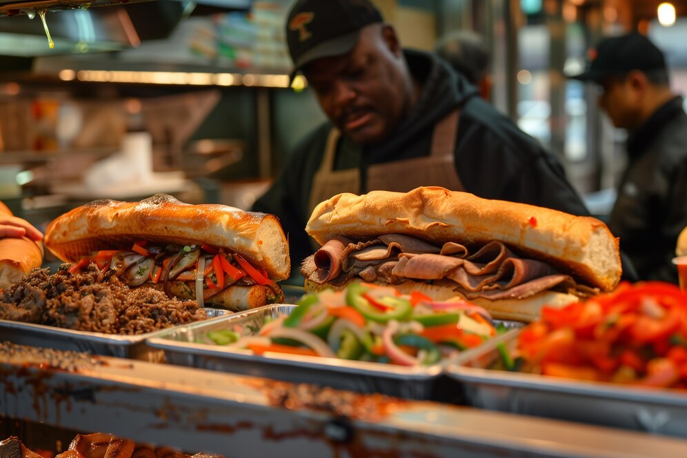 A man serving large sandwiches filled with meats and vegetables at a busy food stall.