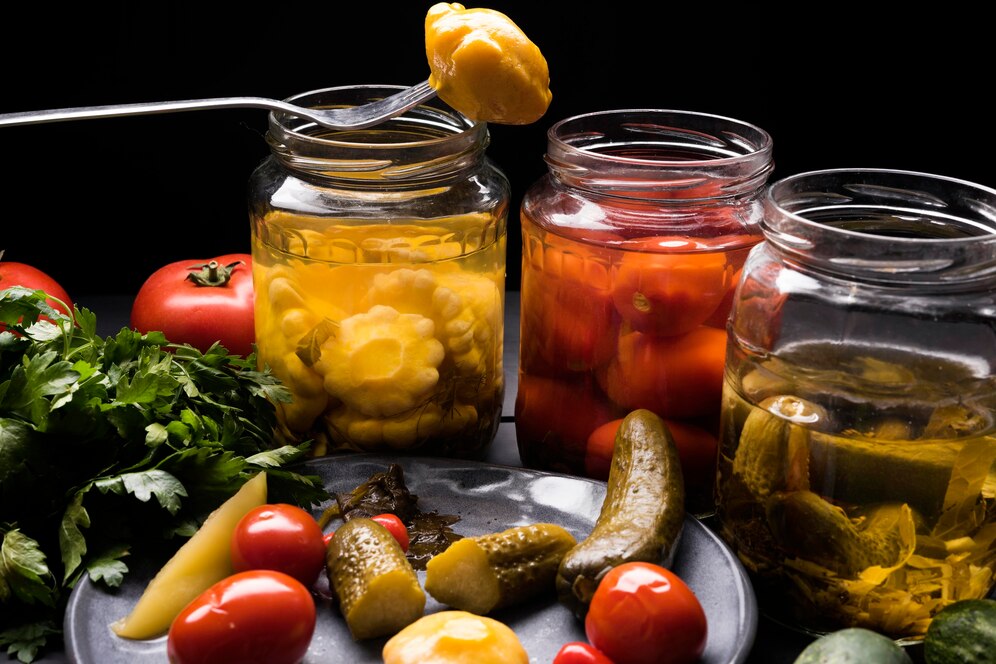Jars of pickled vegetables with fresh tomatoes and herbs on a dark background.