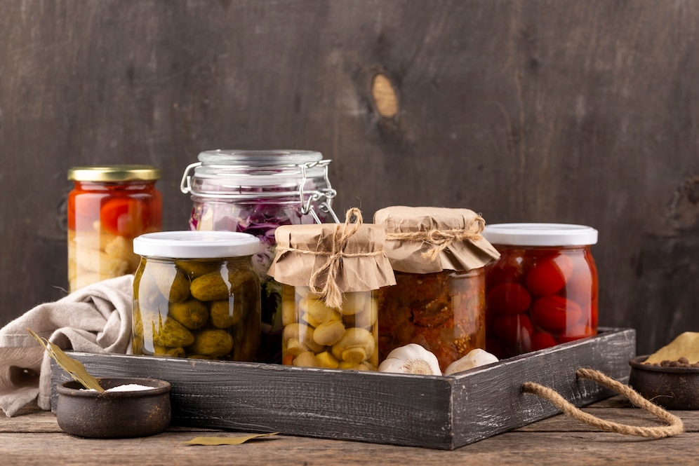 Assortment of homemade pickled vegetables in glass jars on a wooden surface against a dark background.