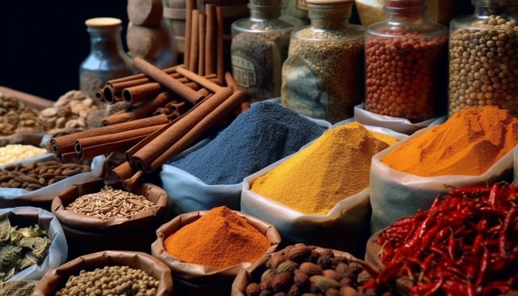 Assorted spices and beans displayed in various containers, including cinnamon sticks, turmeric, and red chili peppers.