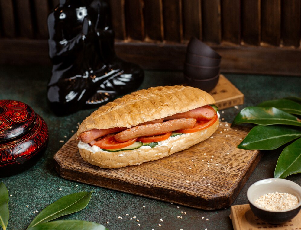 A delicious sandwich with tomatoes, cucumber, and meat, served on a wooden board